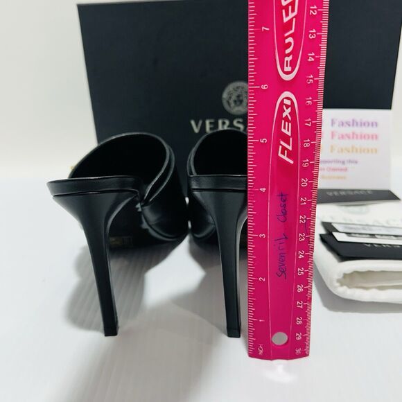 Versace Virtus Size 37 US 7  Black Leather Mule Heel Sandals NIB $900 - Picture 5 of 8